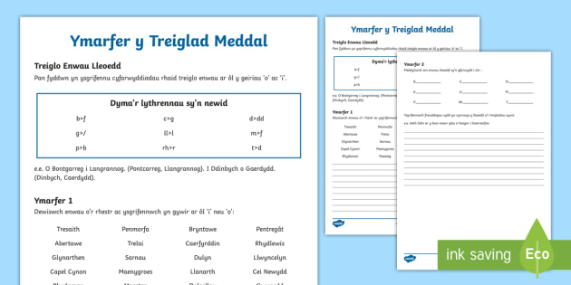 Ymarfer Y Treiglad Meddal Ar L I Ac O Taflen Ysgrifennu