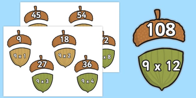 Multiplication 9x Acorn Matching Activity