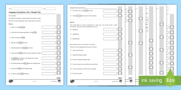 NAPLAN Style English Example Tests Set 5 Year 3 Language Conventions