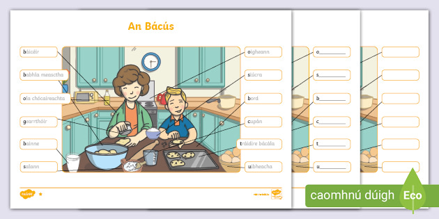 The Bakery Aistear Labelling Differentiated Worksheet Gaeilge