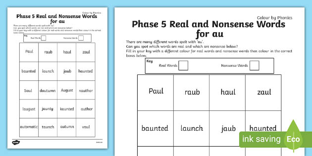 Phase 5 Au Colour By Phoneme Nonsense And Real Words Phase 5