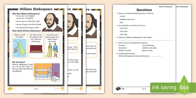 William Shakespeare Reading Comprehension PDF KS1 English