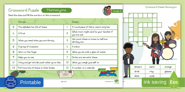 Grade Phonics Crossword Puzzle Homonyms Lehrer Gemacht