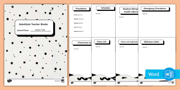 Editable Substitute Teacher Binder Monochrome Theme