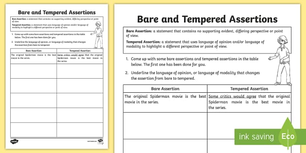 Bare And Tempered Assertions Worksheet Worksheet Twinkl