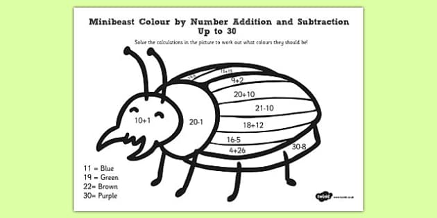 Minibeast Color By Number Addition And Subtraction Twinkl