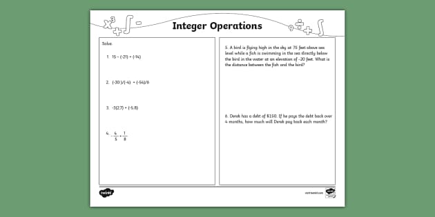 Seventh Grade Integer Operations Activity Sheet Twinkl