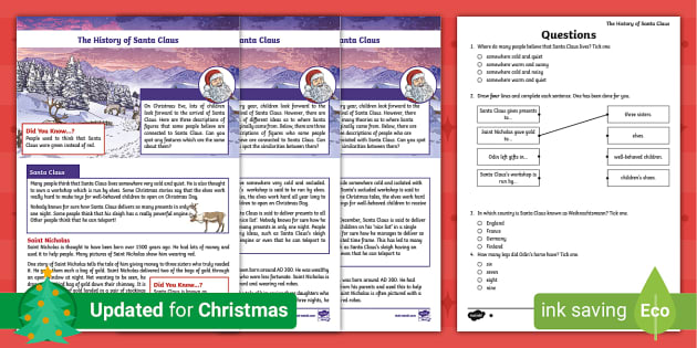 Lks The History Of Santa Claus Differentiated Reading Comprehension