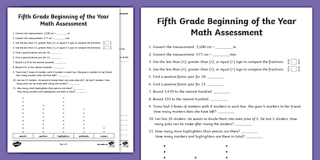 Fifth Grade Beginning Of The Year Math Assessment Twinkl