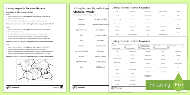 GCSE Linking Keywords Tectonic Hazards Differentiated Revision Sheets