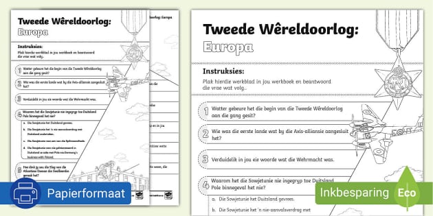 Tweede Wêreldoorlog Europa Graad 9 Werkkaart Twinkl