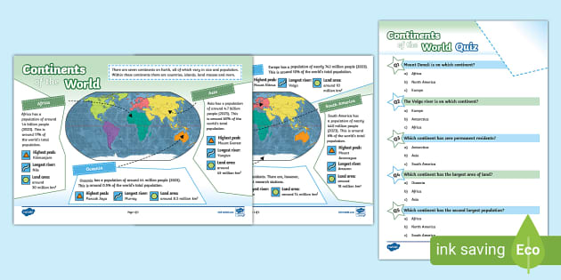 Continents Of The World Fact File And Quiz Lehrer Gemacht