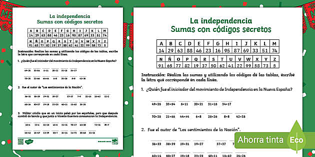 Hoja de actividad Sumas con códigos secretos de la independencia