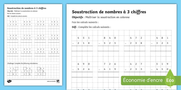 Soustraction en colonne à 3 chiffres teacher made
