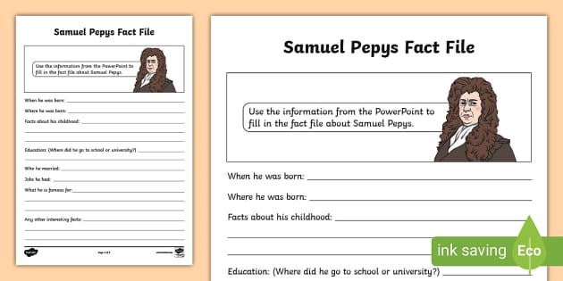 Ks All About Samuel Pepys Fact File Worksheet Twinkl