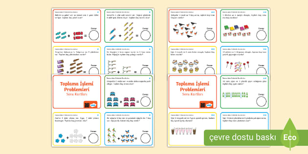 20 ye Kadar Toplama İşlemi Problemleri Soru Kartları
