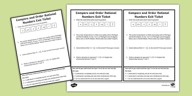 Seventh Grade Compare And Order Rational Numbers Exit Ticket