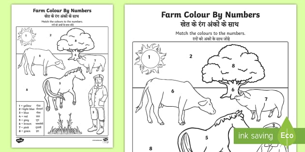 Farm Colour By Number Worksheet Worksheet English Hindi Farm Colour By