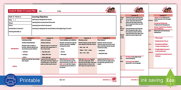 Gr R Phonics D Lesson Plan Week Professor Feito