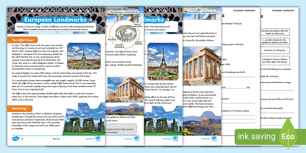 UKS2 European Landmarks Differentiated Comprehension Activity