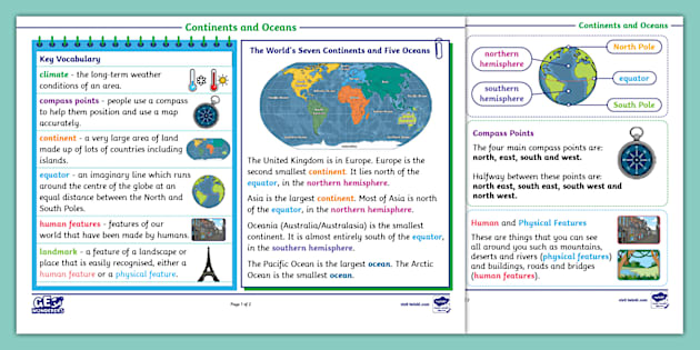 Geo Wonderers KS1 Continents And Oceans Knowledge Organiser