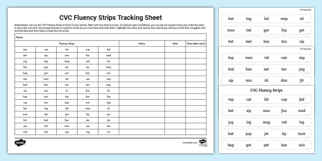 CVC Fluency Strips And Tracking Sheet Hecho Por Educadores