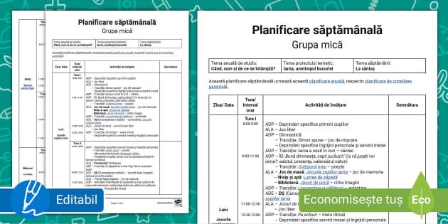 FREE La săniuș Model de planificare săptămânală grupa mică