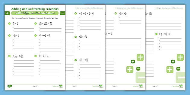 Adding And Subtracting Fractions With Different Denominators Activity Sheet