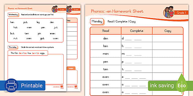 Grade 1 Phonics En Homework Sheet Professor Feito