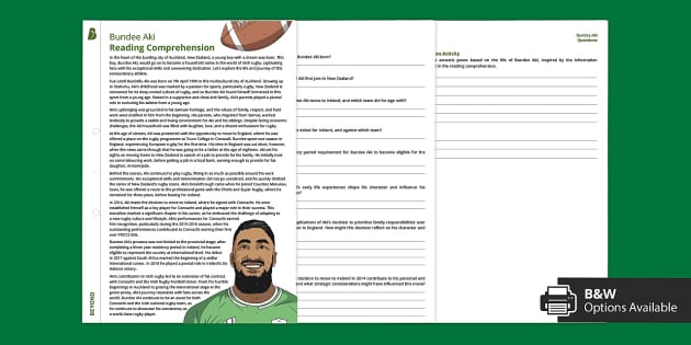 Six Nations Bundee Aki Reading Comprehension Twinkl