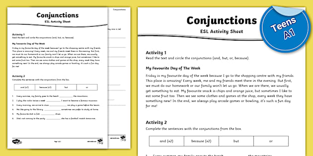 Esl Conjunctions Activity Sheet Twinkl