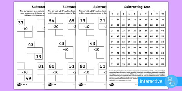 Subtracting Tens Worksheet phát triển bởi giáo viên