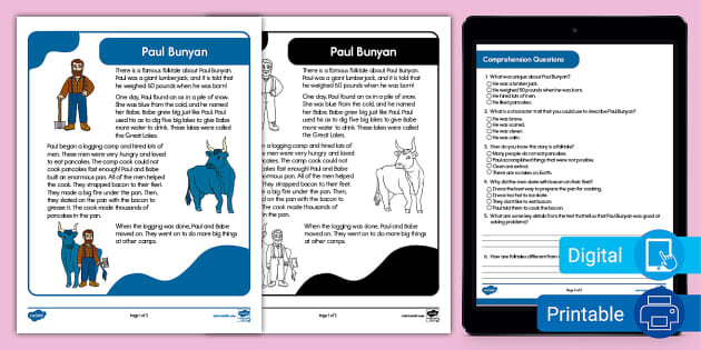 Second Grade Paul Bunyan Reading Comprehension Worksheet