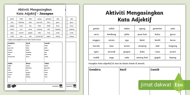 Bahasa Melayu Tahun 2 Kata Adjektif Dan Contoh Kata Sifat