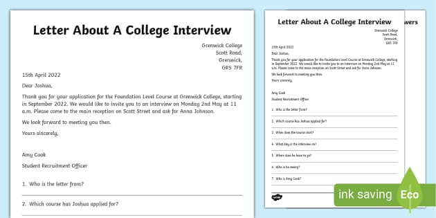 Entry Level 1 Reading Comprehension College Interview Letter Worksheet