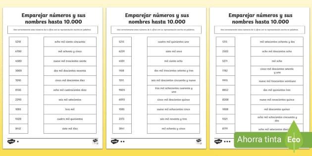 Ficha de actividad por niveles Emparejar números y sus nombres hasta