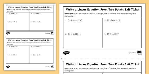 Eighth Grade Write A Linear Equation From Two Points Exit Ticket