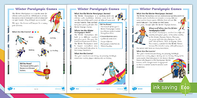 Ks Paralympic Winter Games Differentiated Reading Comprehension Activity