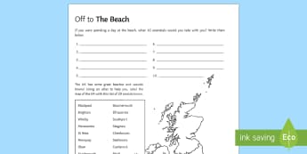 To the Beach! Activity Sheet - Geography Club, beach, coasts, resorts, UK, tourism, travel. worksheet