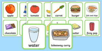 Healthy And Unhealthy Sorting Activity - food, sorting card, flashcards, sort, healthy, unhealthy, activity, cards, word card, flashcards, writing aid, pizza, apple, chocolate, fruit, crisps
