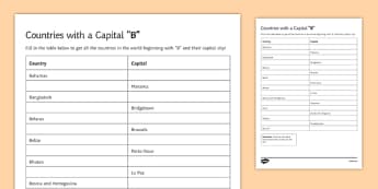 Capitals B Geography Club Activity Sheet, worksheet
