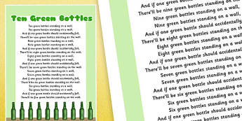 Ten Green Bottles Nursery Rhyme Poster - rhymes, poems, display