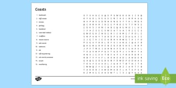 Coasts Wordsearch Activity Sheet - GCSE, coasts, keywords, revision, worksheet