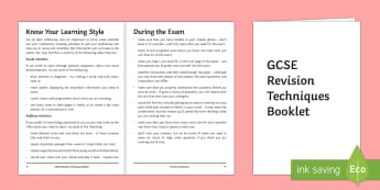 Top Tips and Techniques for GCSE Revision Booklet - guidance, schedule, revise, habit, 15 Minute Activities