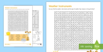 Weather Instrument Wordsearch Activity Sheet - Weather, Weather Instruments, Thermometer, Anemometer, Wind vane, Barometer, Temperature, Rain Gauge