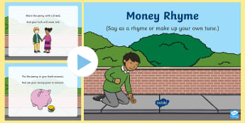 Money Rhyme PowerPoint - maths, penny, spending, charity, name songs, singing, song time
