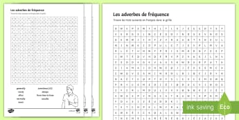 French Frequency Adverbs Differentiated Word Search - French Grammar, KS3, KS4, adverbs, frequency, adverbes, fréquence, word search, wordsearch, soupe d