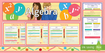 KS3 Algebra Display Pack - simplify, expressions, maths, multiply, revision, classroom, title, banner, border