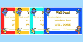 Handwriting Hero Certificate - handwriting, writing, certificate, award, well done, reward, hero, handwriting hero, special, literacy