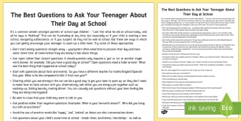 Questions to Ask Your Teenager about Their Day Parent and Carer Information Sheet - primary, child, wellbeing, questions, how was your day